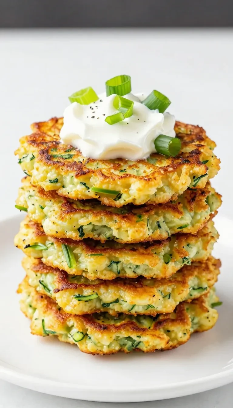 Knusprige Zucchini-Puffer auf einem weißen Teller mit einem Klecks Kräuter-Dip.