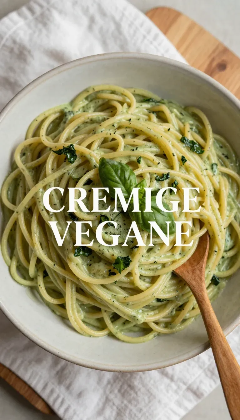 Cremige vegane Zucchini-Pasta mit Basilikum und Zitrone auf einem hellen Teller serviert.