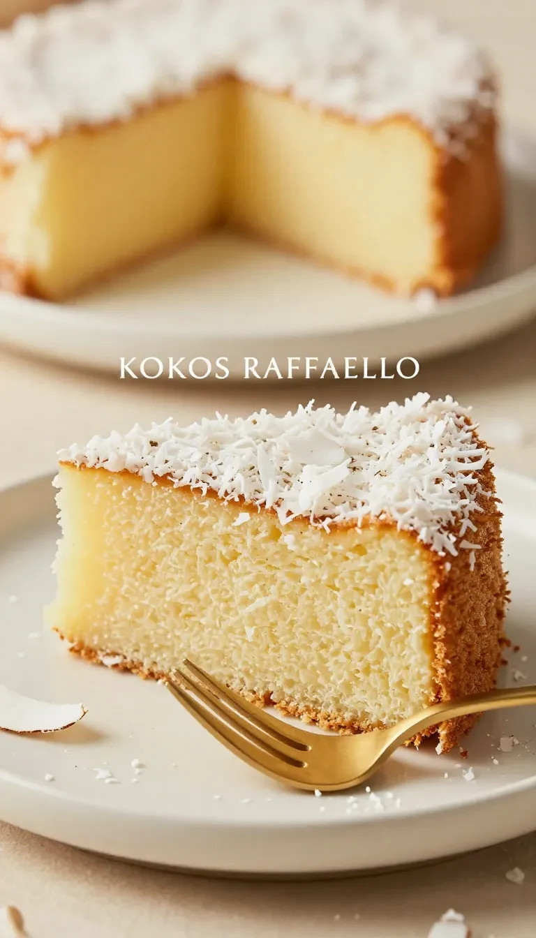 Coconut Raffaello Cake mit heller Creme, Kokosraspeln und dekorativen Raffaello-Pralinen auf einer Tortenplatte