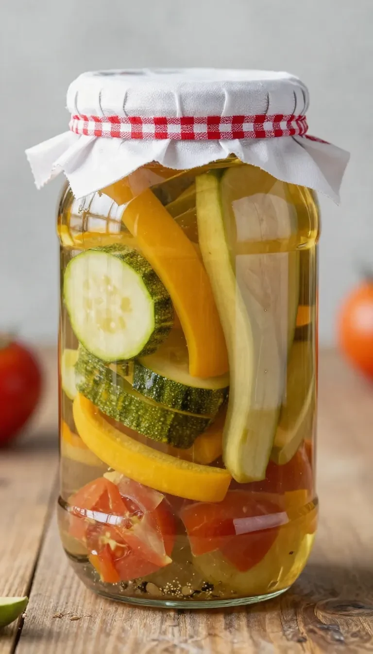 Glas mit süß-sauer eingelegten Zucchini, daneben frische Zucchini, Essig, Zucker und Gewürze auf einer Küchenarbeitsfläche